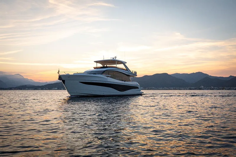  Yacht Photos Pics Luxury Princess Y80 yacht cruising at sunset, 2026 model, serene ocean backdrop.