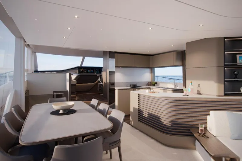  Yacht Photos Pics Luxurious interior of 2026 Princess Y80 yacht with modern dining and kitchen area.
