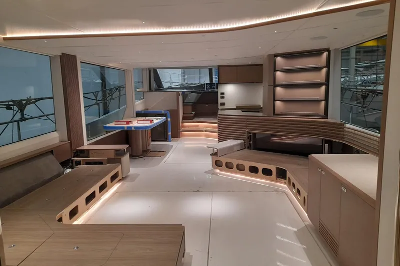  Yacht Photos Pics Luxurious interior of 2026 Princess Y80 yacht with modern design and ambient lighting.