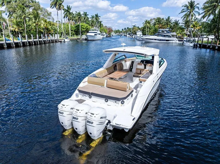  Yacht Photos Pics 2019 Sea Ray SLX 400 OB cruising on a scenic waterway with palm trees.