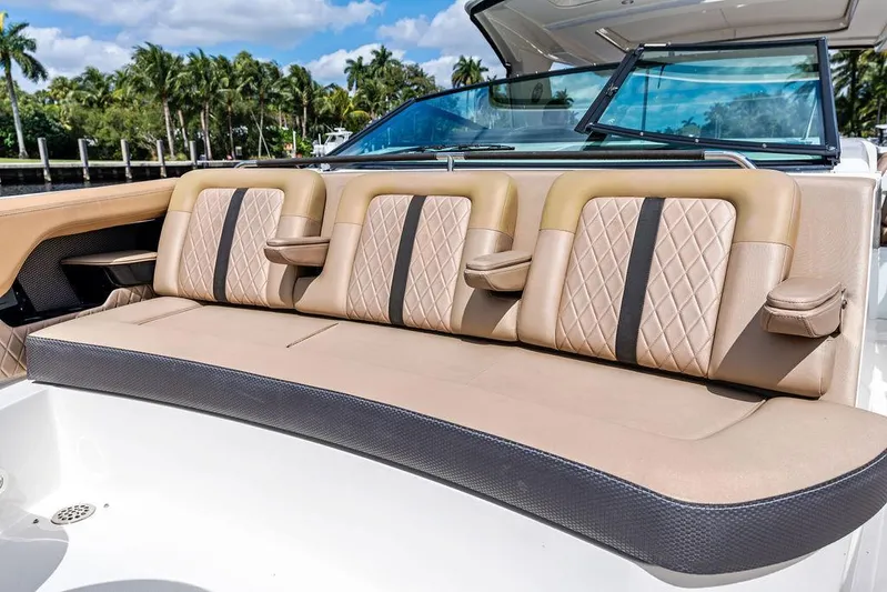  Yacht Photos Pics 2019 Sea Ray SLX 400 OB boat seating with luxurious tan upholstery.