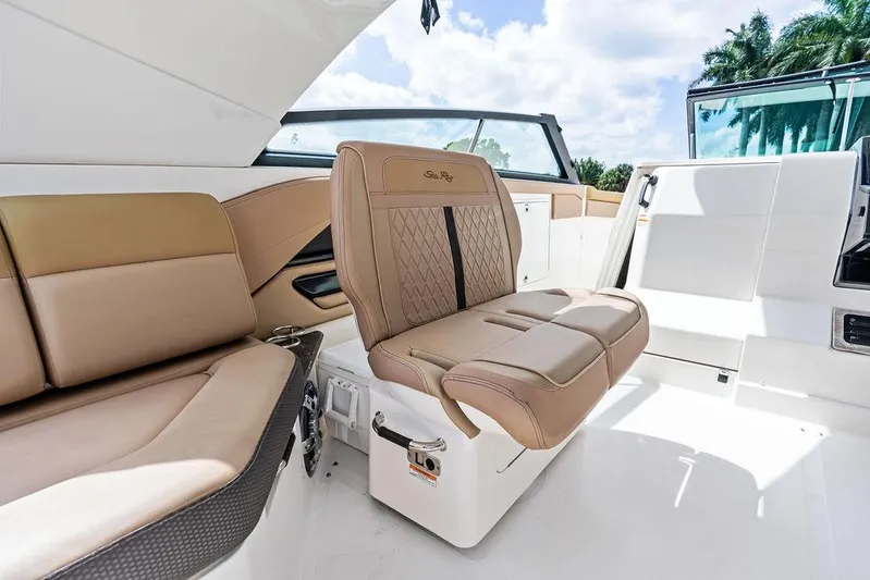  Yacht Photos Pics 2019 Sea Ray SLX 400 OB interior with tan leather seating and modern design.