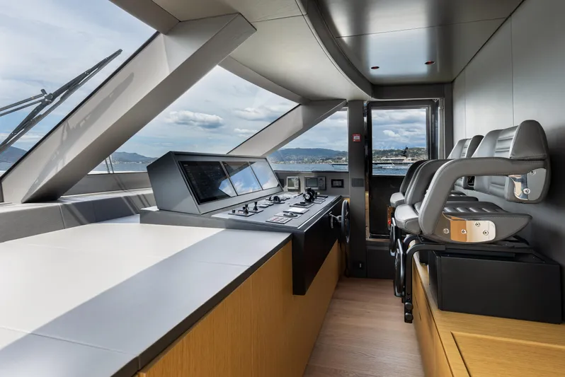 X99 Fast Yacht Photos Pics Modern helm station of the 2026 Extra X99 FAST yacht with advanced navigation controls.
