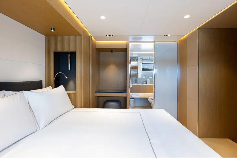 X99 Fast Yacht Photos Pics Modern bedroom interior on the 2026 Extra X99 FAST yacht.