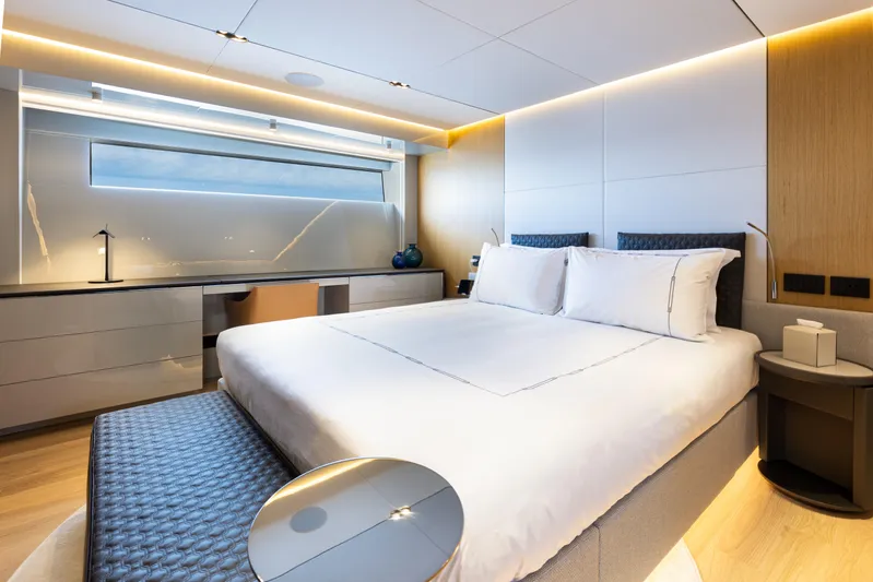 X99 Fast Yacht Photos Pics Modern bedroom interior on Extra X99 FAST yacht, 2026 model.