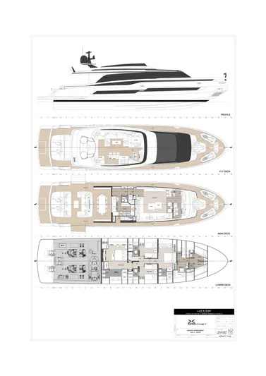 X99 Fast Yacht Photos Pics 2026 Extra X99 FAST yacht blueprint with detailed deck layouts and side profile view.