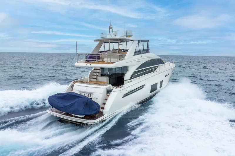 Mamu Yacht Photos Pics Luxury Princess F-68 yacht cruising on open sea, 2018 model.