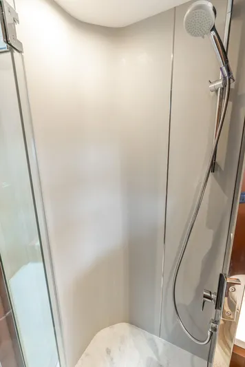 Mamu Yacht Photos Pics Modern shower cabin in 2018 Princess F-68 yacht, featuring sleek design and chrome fixtures.