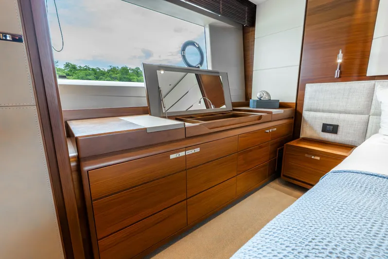 Mamu Yacht Photos Pics Luxurious wooden interior of 2018 Princess F-68 yacht with vanity and window view.
