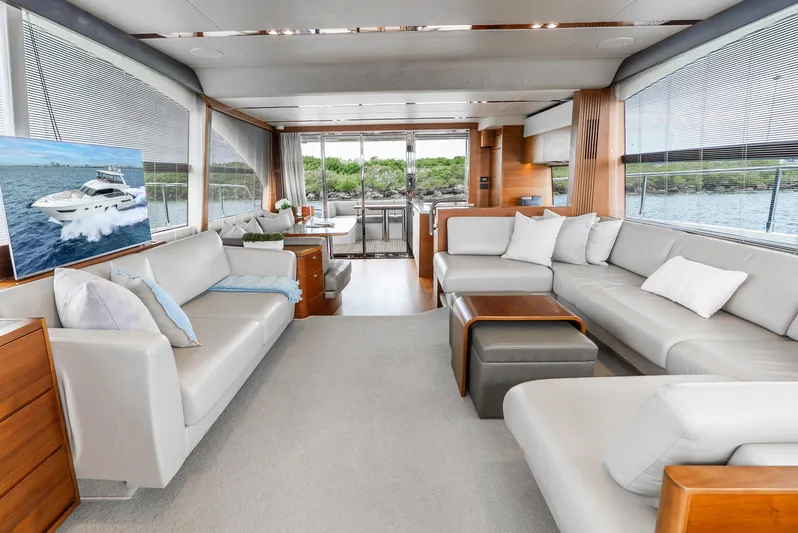Mamu Yacht Photos Pics Luxurious interior of 2018 Princess F-68 yacht with modern seating and scenic views.