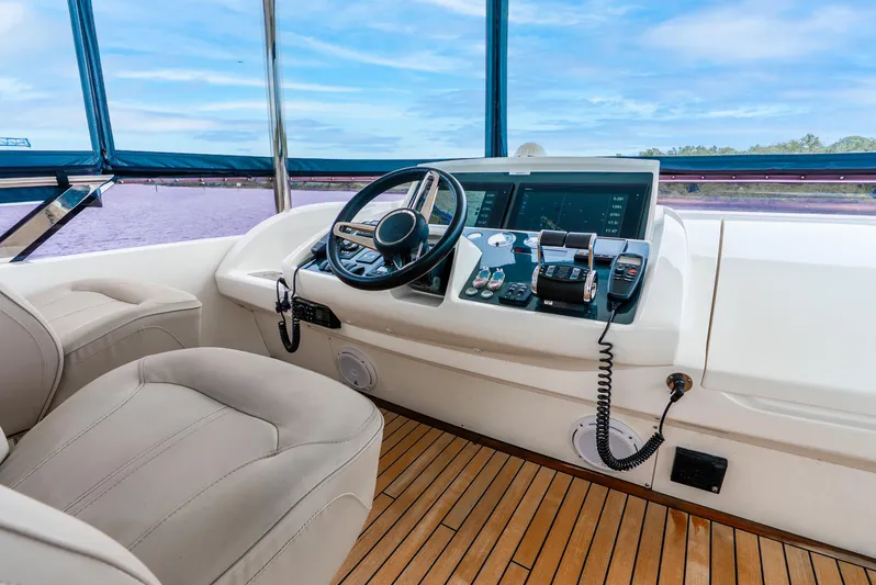 Mamu Yacht Photos Pics Luxurious helm of 2018 Princess F-68 yacht with modern controls and leather seating.