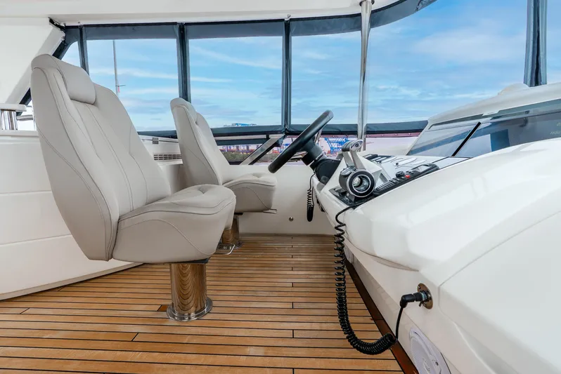 Mamu Yacht Photos Pics Luxurious 2018 Princess F-68 yacht helm with leather seats and modern controls.