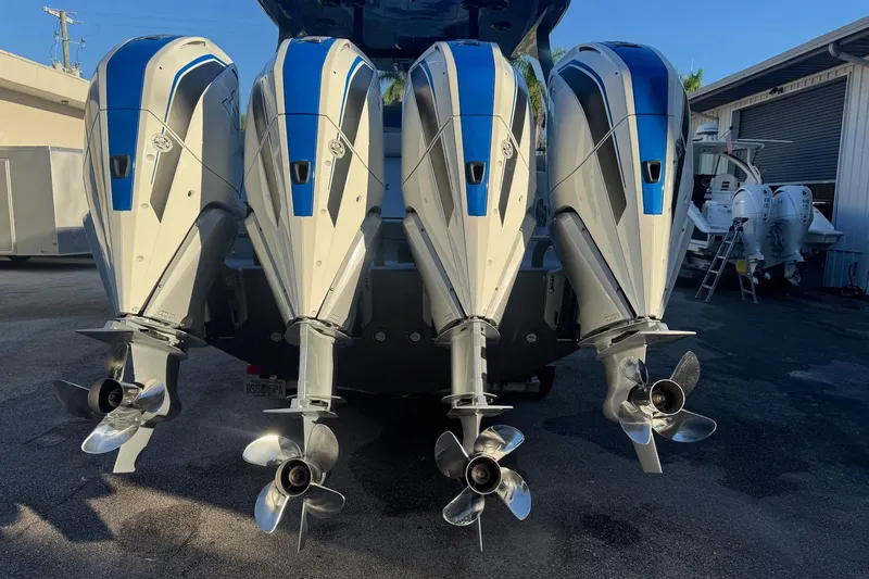 Take It To The Max Yacht Photos Pics 2023 Mystic Powerboats M3800 with four powerful outboard engines.