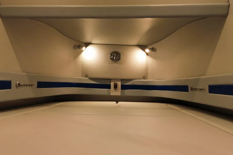Take It To The Max Yacht Photos Pics Interior cabin of 2023 Mystic Powerboats M3800 with ambient lighting and sleek design.