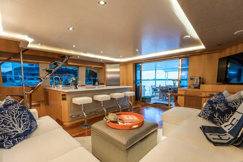 Tranquility Yacht Photos Pics Luxurious Horizon PC60 yacht interior, featuring modern kitchen, seating, and ocean view, 2013 model.