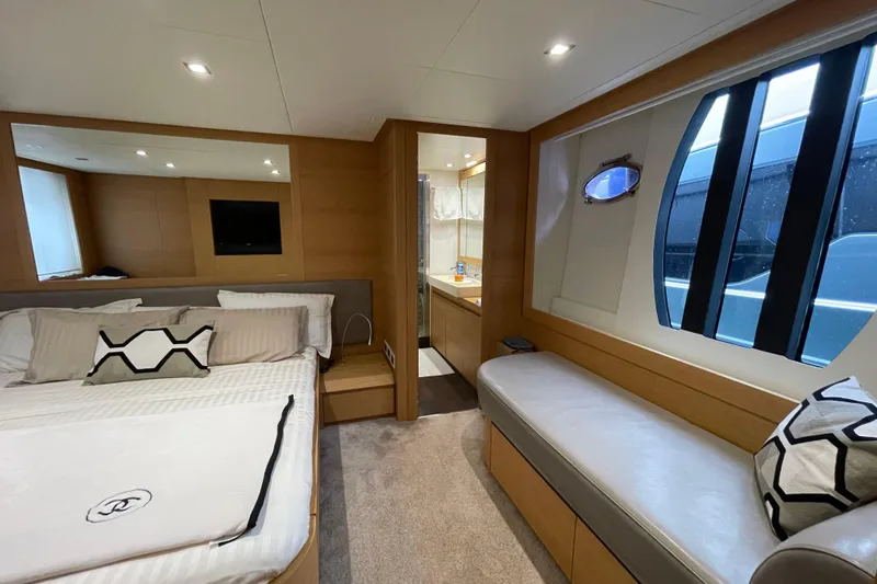  Yacht Photos Pics Luxurious interior of 2013 Pershing 62 yacht with modern bedroom and elegant design.