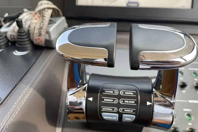  Yacht Photos Pics Control panel of a 2013 Pershing 62 yacht with throttle levers.