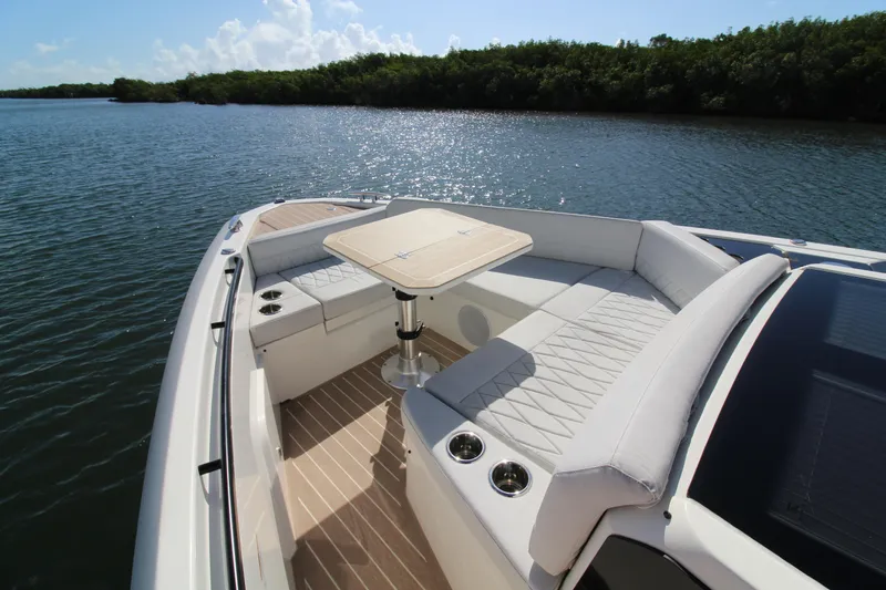  Yacht Photos Pics Luxurious seating area on the 2025 Saxdor 400 GTS boat, featuring elegant design and water views.