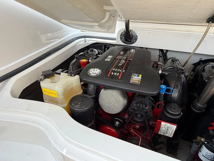  Yacht Photos Pics Engine compartment of a 2015 Cobalt 302 boat, featuring a V8 380 engine.