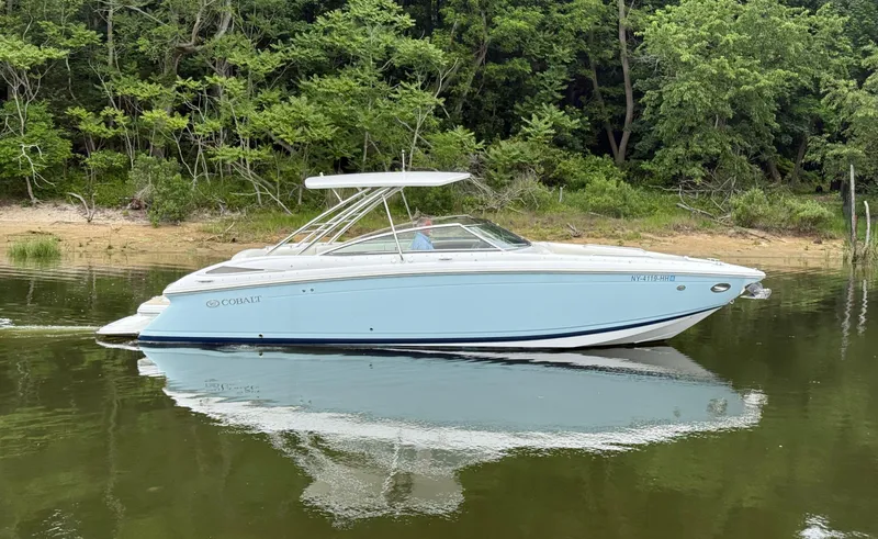  Yacht Photos Pics 2015 Cobalt 302 boat on calm water near a forested shoreline.