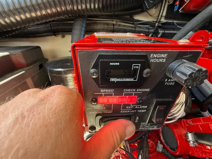  Yacht Photos Pics Control panel of a 2022 Regal 36 XO boat engine, showing engine hours and settings.