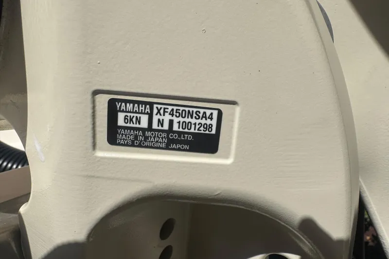 Your New Boat! Yacht Photos Pics Yamaha motor label on 2024 Grady-White Canyon 336 boat, model XF450NSA4.