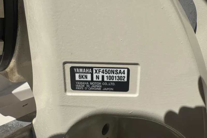 Your New Boat! Yacht Photos Pics Yamaha motor label on 2024 Grady-White Canyon 336, model XF450NSA4, made in Japan.