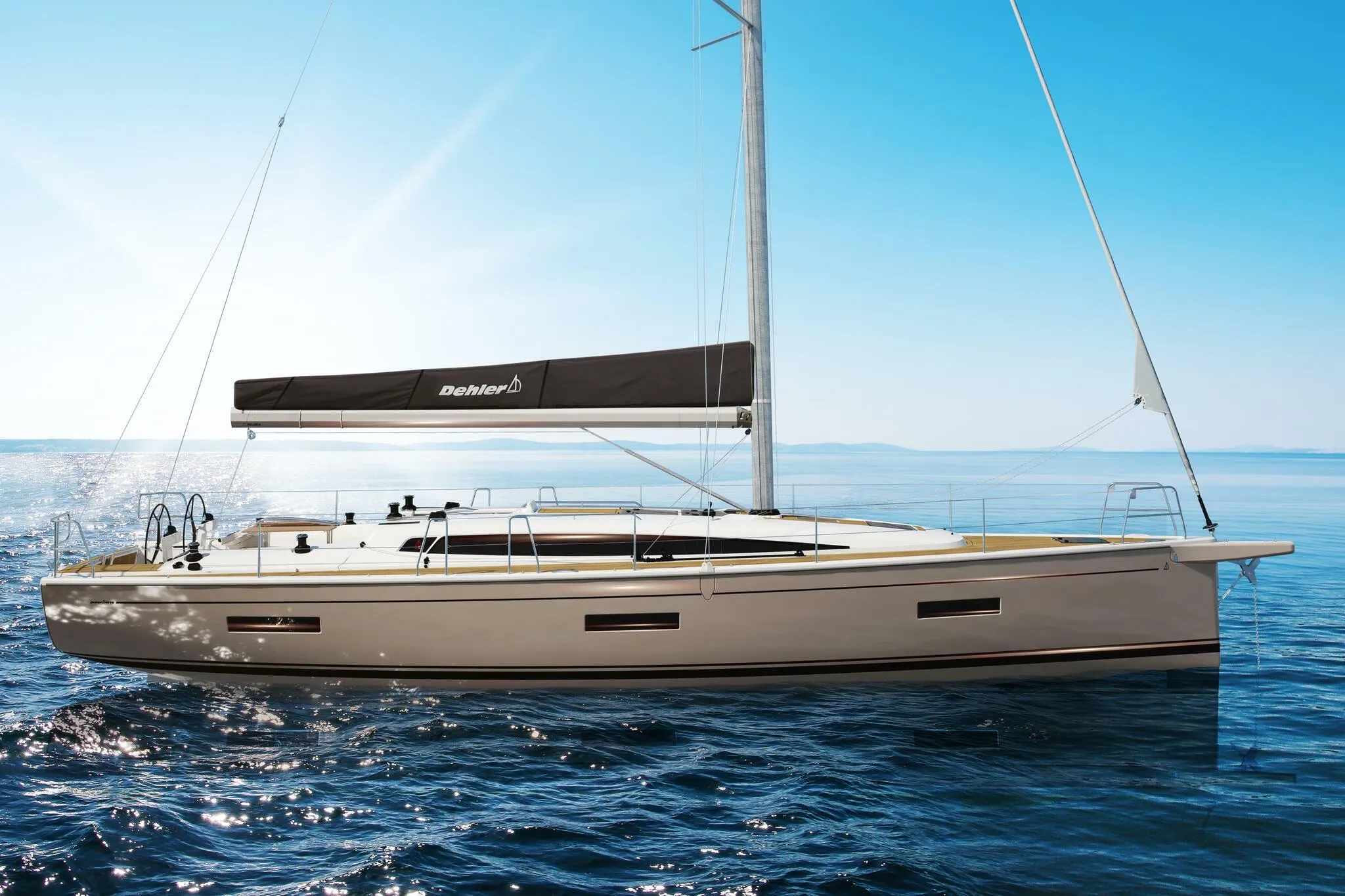 2026 Dehler 46SQ yacht sailing on calm blue ocean under clear sky.