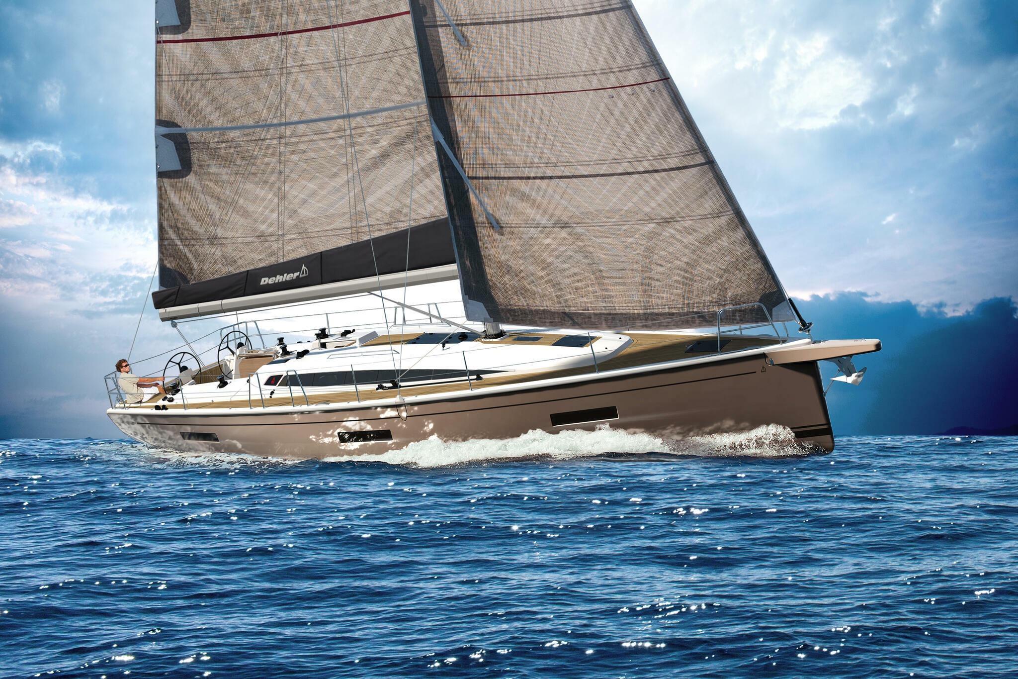 2026 Dehler 46SQ sailboat navigating ocean waves under a clear sky.