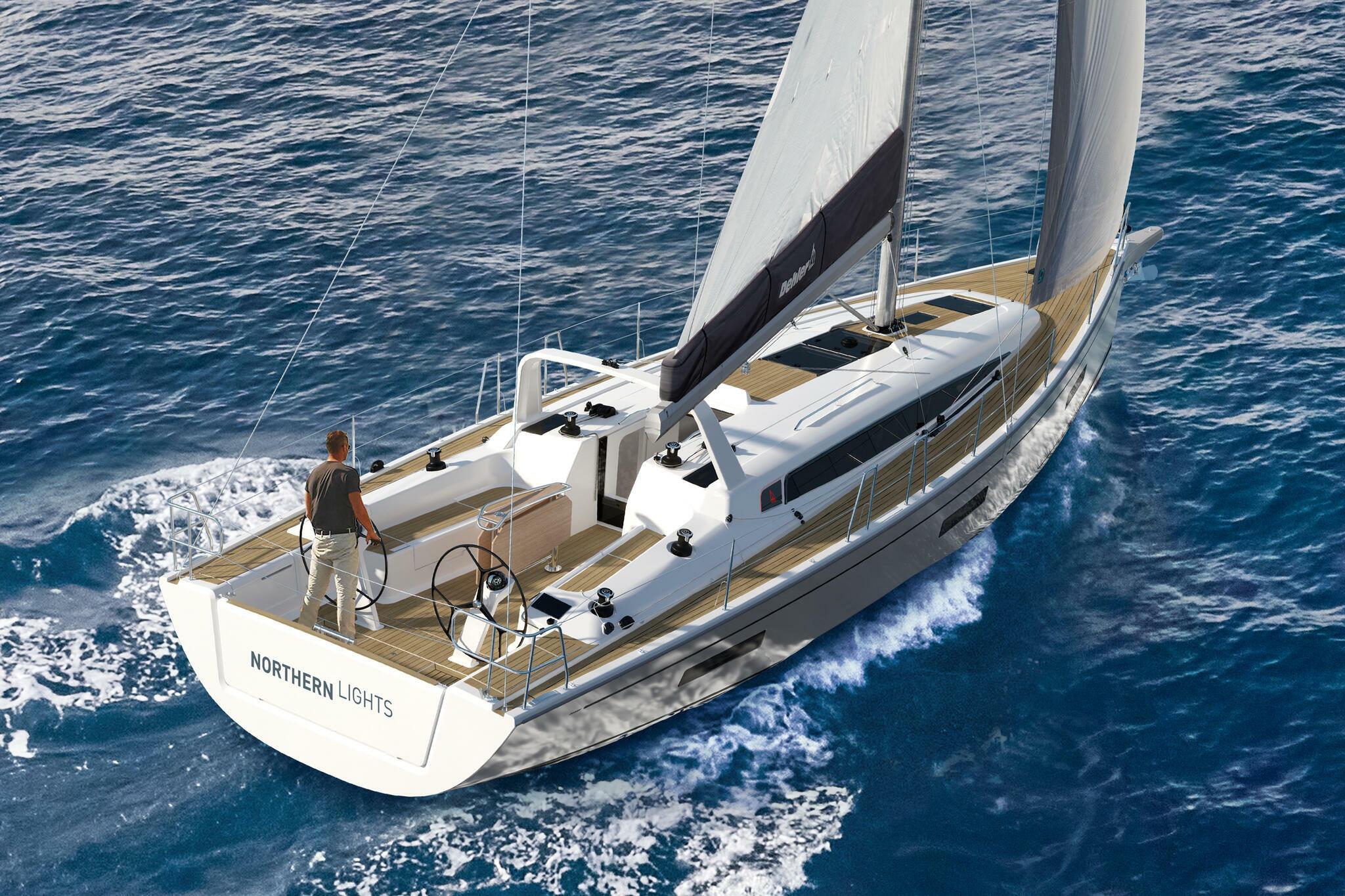Sailing yacht Dehler 46SQ 2026 on open sea, helmed by a person, named "Northern Lights".