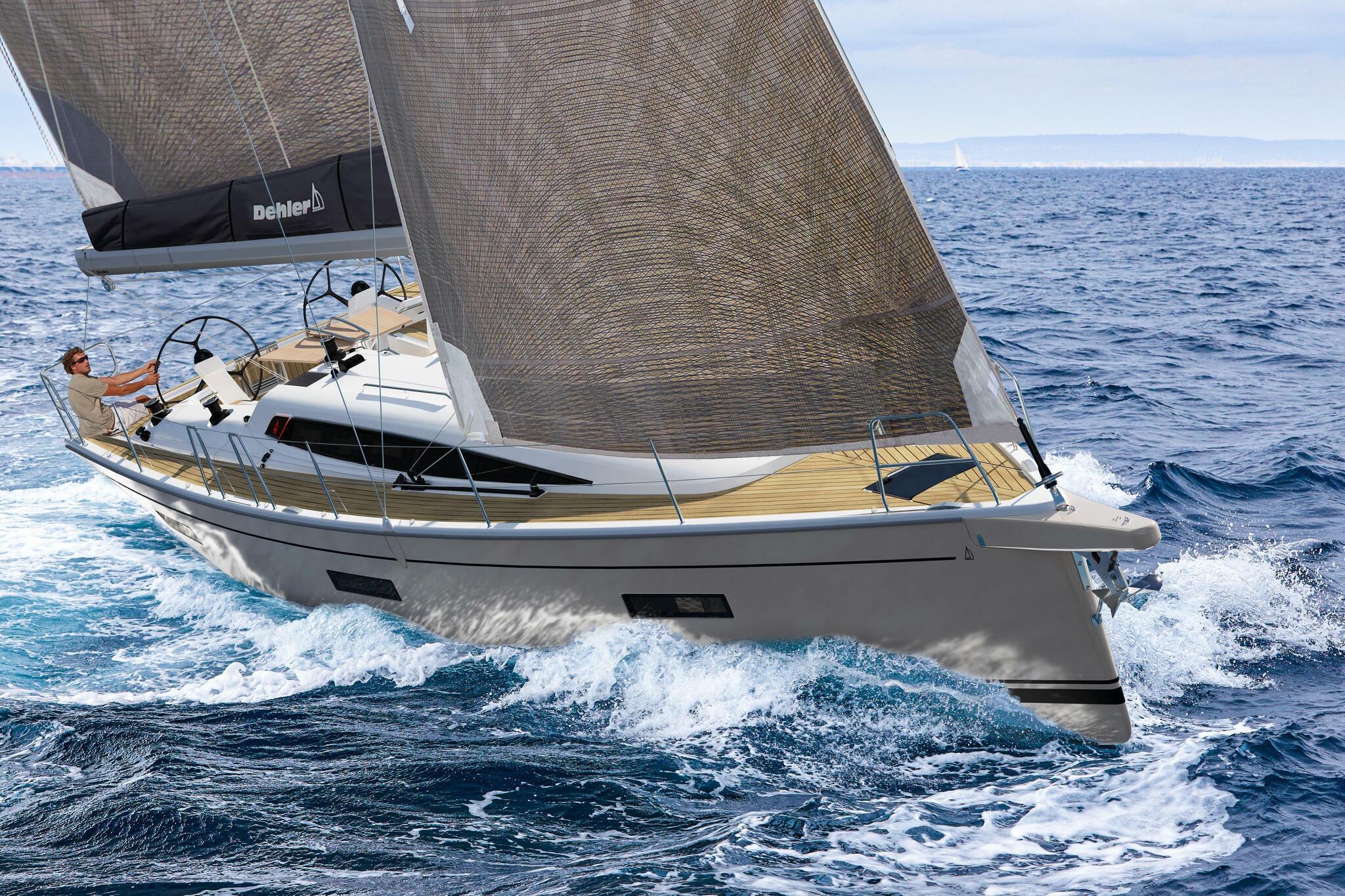 2026 Dehler 46SQ sailing yacht navigating ocean waves with full sails.