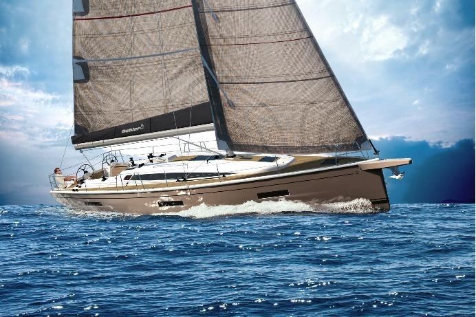 2026 Dehler 46SQ sailing yacht navigating through open sea under a cloudy sky.