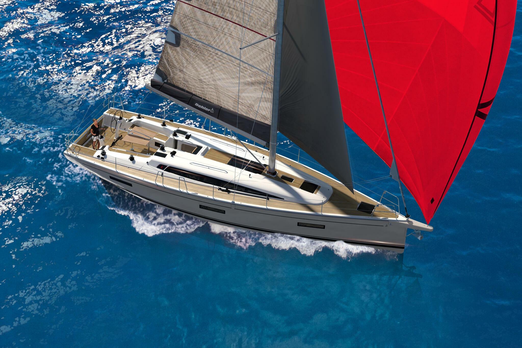 Sailing yacht Dehler 46SQ 2026 gliding on vibrant blue ocean with red sail.