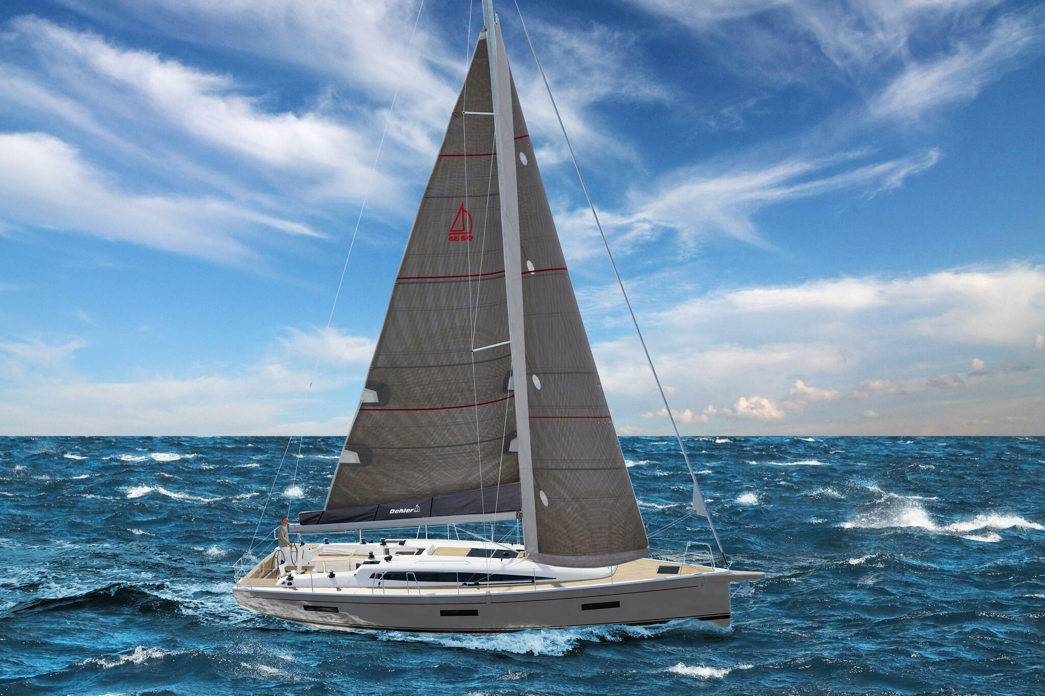 2026 Dehler 46SQ sailboat navigating ocean waves under a clear blue sky.