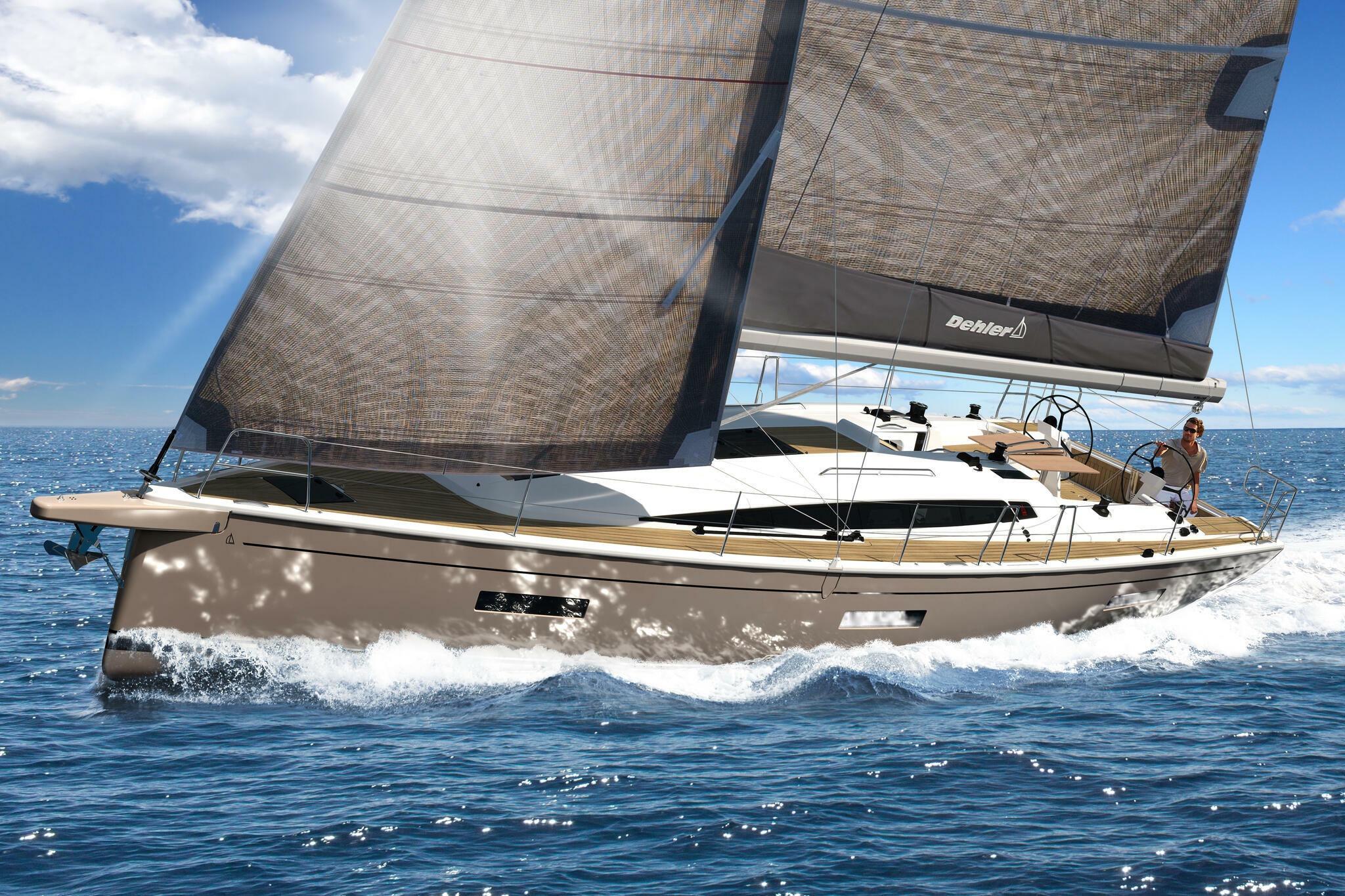2026 Dehler 46SQ sailing yacht navigating ocean waves under clear skies.