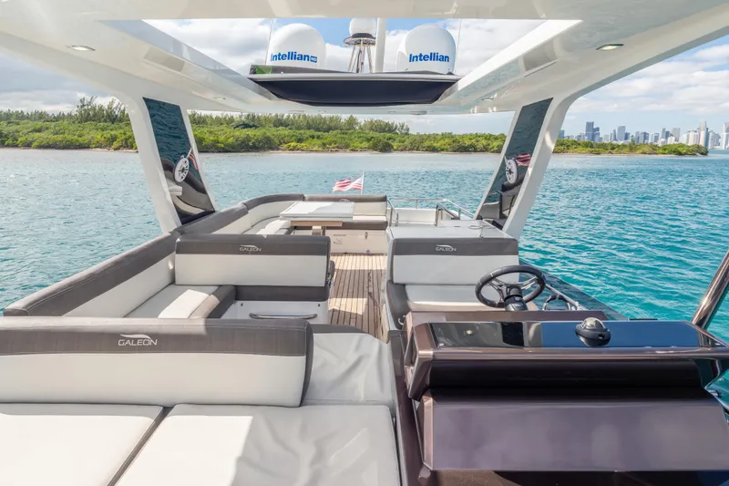 Infinity Yacht Photos Pics Luxurious 2020 Galeon 500 Fly yacht interior with scenic ocean view.