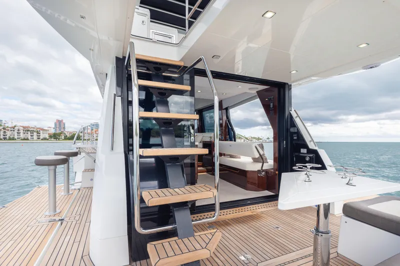 Infinity Yacht Photos Pics Luxury Galeon 500 Fly yacht deck with modern seating and ocean view, 2020 model.