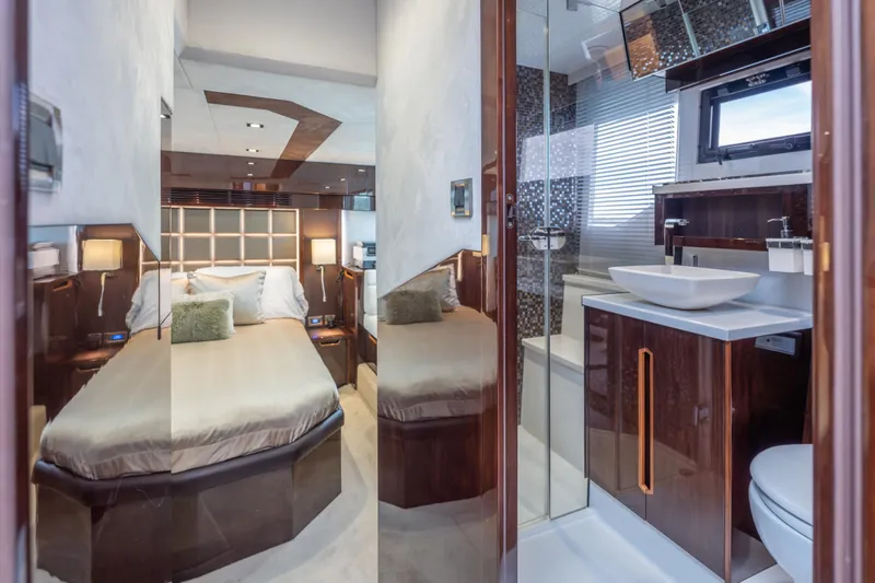 Infinity Yacht Photos Pics Luxurious interior of 2020 Galeon 500 Fly yacht with bedroom and modern bathroom.