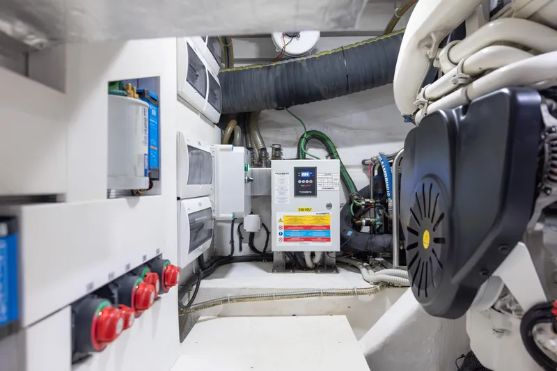 Infinity Yacht Photos Pics Engine room of 2020 Galeon 500 Fly yacht, showcasing electrical systems and components.