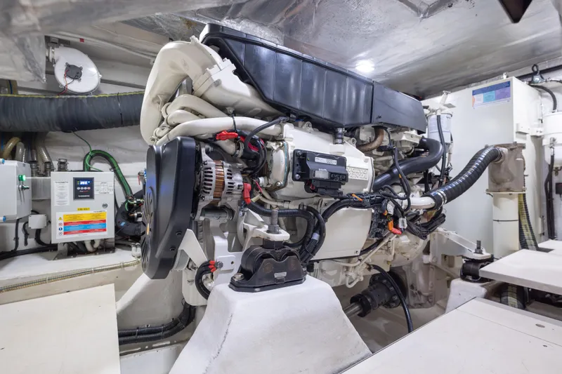Infinity Yacht Photos Pics Engine room of 2020 Galeon 500 Fly yacht, showcasing advanced machinery and components.