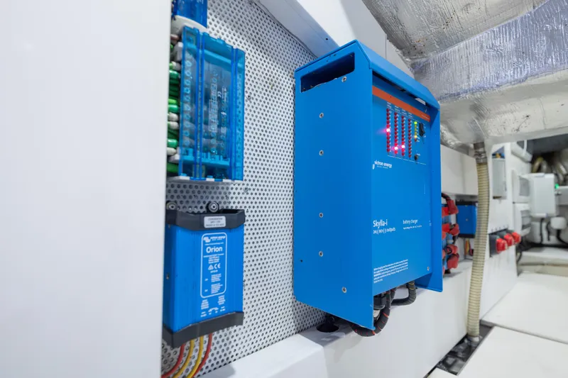 Infinity Yacht Photos Pics Electrical system components in a 2020 Galeon 500 Fly yacht engine room.