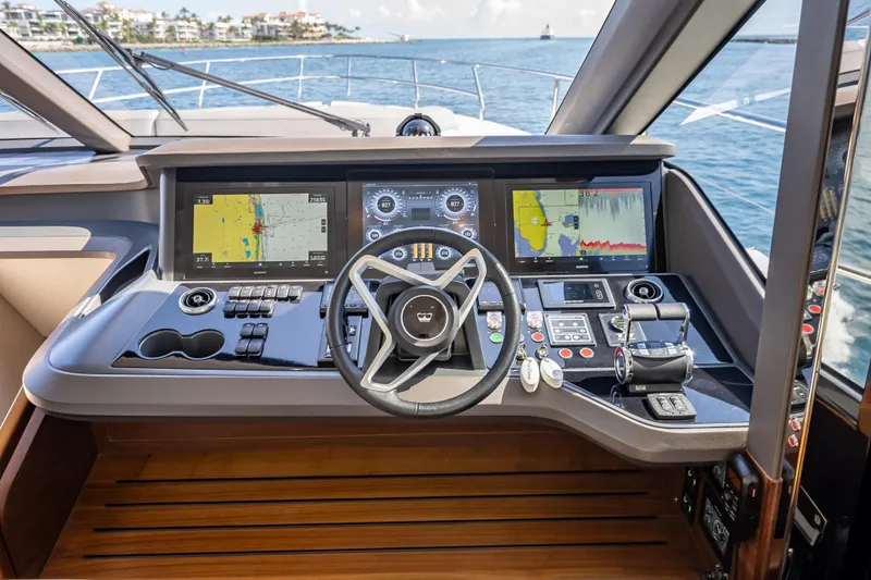 Iseablu Yacht Photos Pics Cockpit of 2023 Princess Y72 yacht with advanced navigation systems and controls.