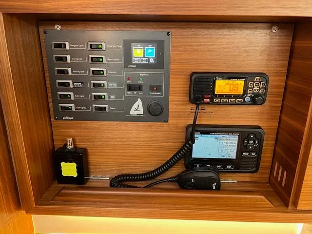 "mah Na Mah Na" Yacht Photos Pics Control panel of a 2020 J Boats J/112E sailboat with navigation and communication equipment.