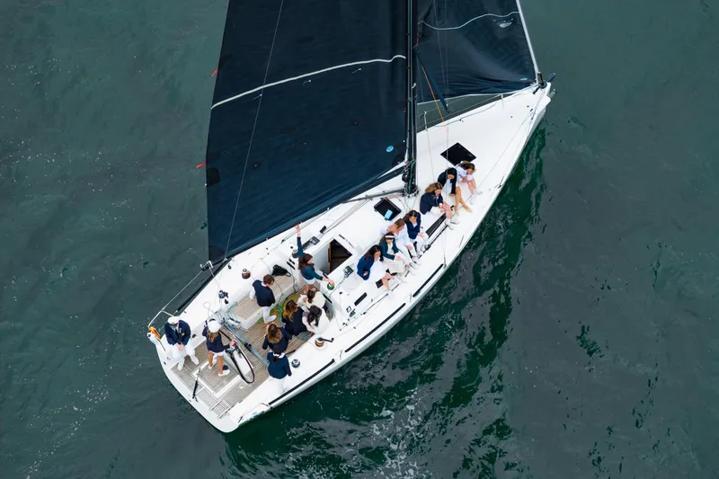 "mah Na Mah Na" Yacht Photos Pics Aerial view of 2020 J Boats J/112E sailboat with crew on deck.