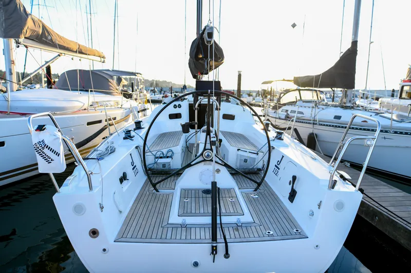 "mah Na Mah Na" Yacht Photos Pics 2020 J Boats J/112E sailboat docked at marina, showcasing sleek design and spacious deck.