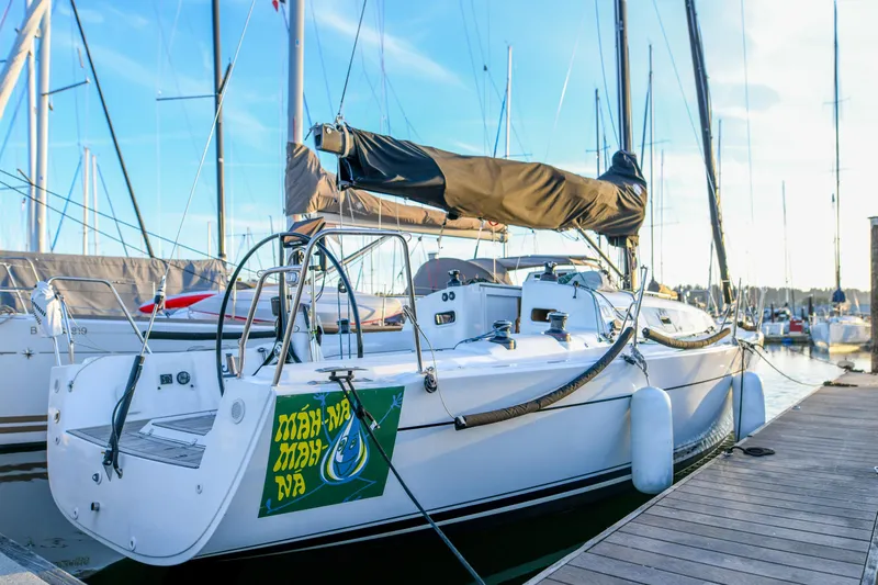 "mah Na Mah Na" Yacht Photos Pics 2020 J Boats J/112E sailboat docked at marina, sunny day.