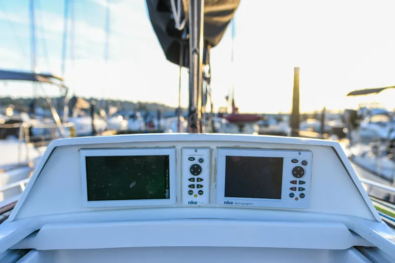 "mah Na Mah Na" Yacht Photos Pics Cockpit instruments on a 2020 J Boats J/112E sailboat, with marina in background.