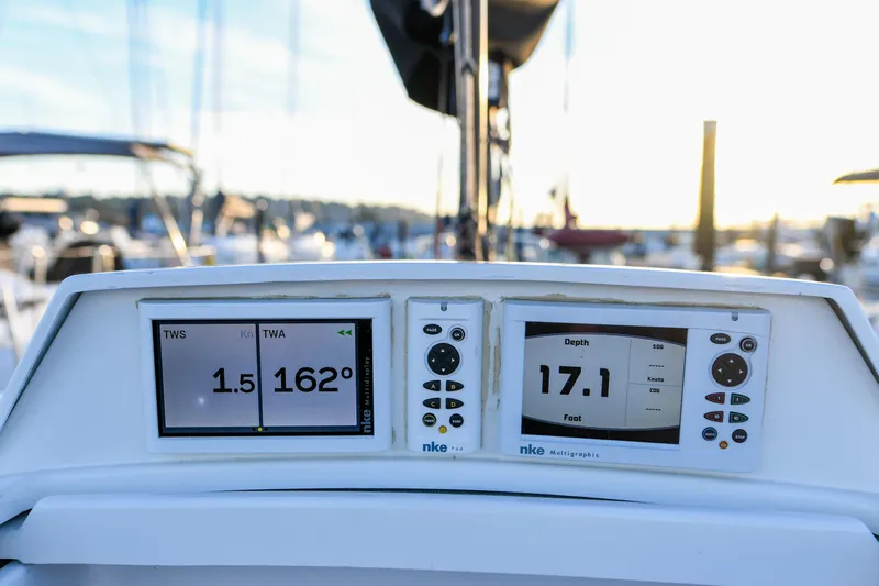 "mah Na Mah Na" Yacht Photos Pics Cockpit instruments on a 2020 J Boats J/112E sailboat displaying wind and depth data.