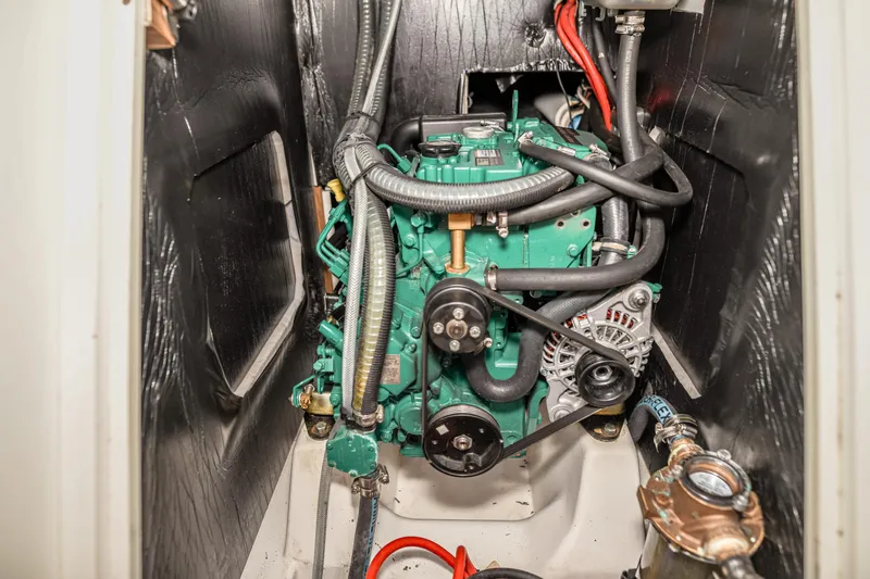 "mah Na Mah Na" Yacht Photos Pics Engine compartment of a 2020 J Boats J/112E sailboat, featuring a compact marine engine.