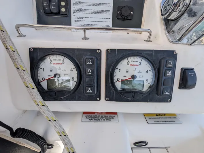 Salty Kiss Yacht Photos Pics Control panel of a 2020 Leopard 45 yacht with Yanmar engine gauges.